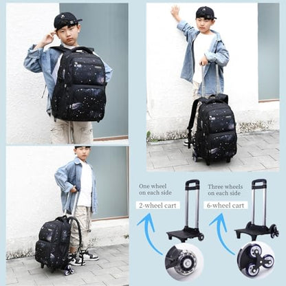 Boys Rolling Backpacks Kids'Luggage Wheeled Backpack for School Kids Trolley Bags Space-Galaxy Roller Bookbag on 2 Wheels - color: Black-starry Sky, style: 2 Wheels+backpack