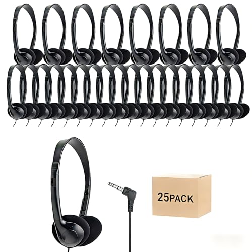 25 Pack Headphones for Kids Students School Classroom | Adjustable, 3.5mm Jack, Black, Bulk Earphones, For Library Children Adults - size: 25 PACK