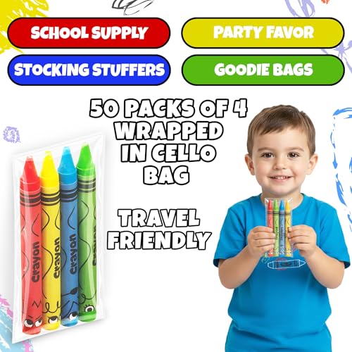 Bulk Crayons 200 Pack (50 Sets of 4) - Individually Wrapped Crayons Party Favors for Kids, Restaurants, Classrooms, Birthday Goodie Bags, School Supplies, Travel, Toddler Coloring Fun, Non-Toxic Wax - style: 50 Packs of 4 (200 Count)