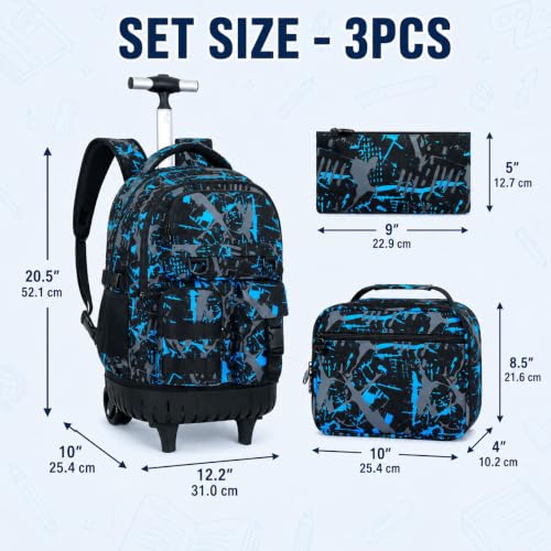 CCJPX Rolling Backpack for Boys, 3Pcs Roller Wheeled School Bookbag, Graffiti Wheels Backpacks with Lunch Box for Kids (Blue) - color: Graffiti Blue