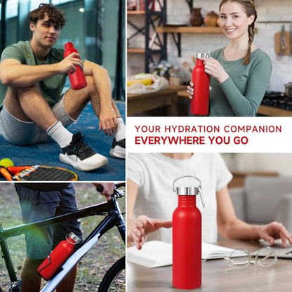 Volhoply 26oz Uninsulated Single Walled Water Bottle, Stainless Steel Reusable Water Bottles with Handle & Carabiner, BPA Free Wide Mouth Water Bottles for Gym Sports Camping（Red,1） - color: Red
