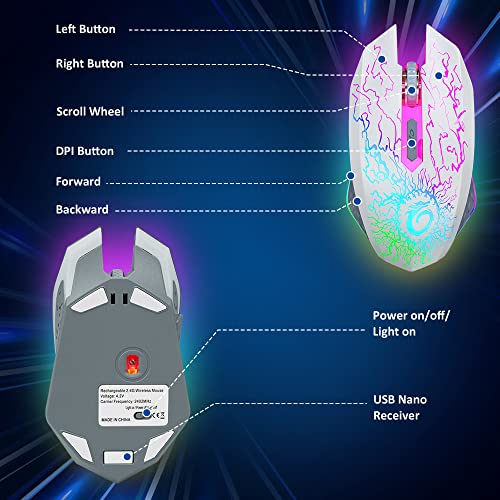 VersionTECH. Wireless Gaming Mouse, Rechargeable Computer Mouse Mice with Colorful LED Lights, Silent Click, 2.4G USB Nano Receiver, 3 Level DPI for PC Gamer Laptop Desktop Chromebook Mac-White - color: White