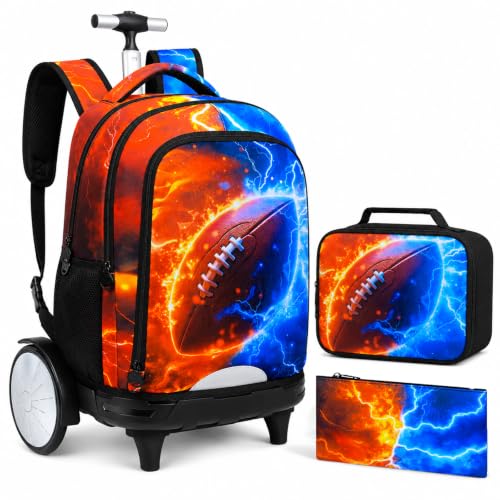 gxtvo Large Wheels & Quiet Glide | Rolling Backpack for Kids - Water-Resistant Wheeled Bag with Lunch Box for School, Travel & Outings - Fire & Lightning Rugby - color: Rolling Backpack Fire Lightning Rugby