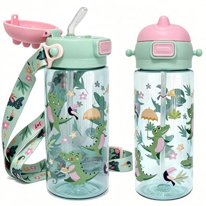 20oz Leak Proof Kids Water Bottle with Detachable Strap, Crocodile | Sturdy, Shock-Resistant, Large Capacity, One-Touch Lid Opening, with Straw for School and Travel, BPA Free, Dishwasher Safe - color: Crocodile