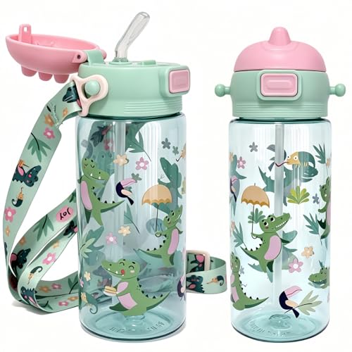 20oz Leak Proof Kids Water Bottle with Detachable Strap, Crocodile | Sturdy, Shock-Resistant, Large Capacity, One-Touch Lid Opening, with Straw for School and Travel, BPA Free, Dishwasher Safe - color: Crocodile