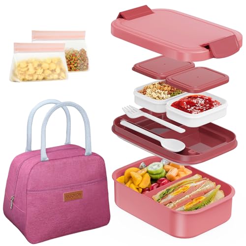 JBGOYON 4-in-1 Bento Box and Insulated Lunch Bag Set, Red | 6-hour insulation, 7.5 L lunch bag, leakproof 1.9 L container with 2 sauce cups, fork and spoon, 2 snack bags, BPA-fre - color: Red
