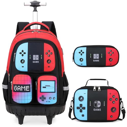 Jafeton Rolling Backpack for Boys, 3 PCS Gamer Boy Backpack Set with Lunch Box & Pencil Pouch, Roller Wheels School bag for Boys Kids Teens, Elementary Middle School, Kids Bookbag Casual Daypack - color: Red Black