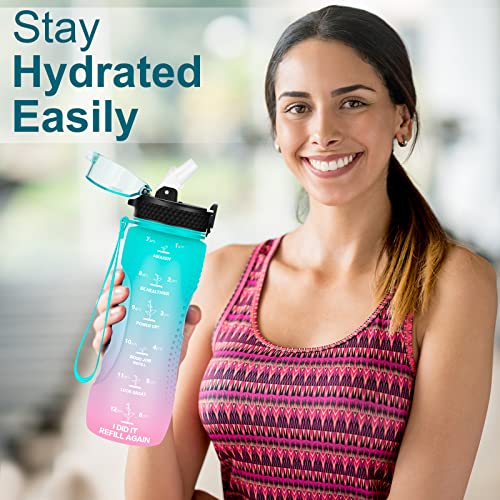 24 OZ Motivational Kids Water Bottle With Time Marker,Straw Lid,Leak Proof, Tritan BPA Free Sports Water Bottle Dark Green Pink (1 Lid) - color: Mint Dark Green Pink