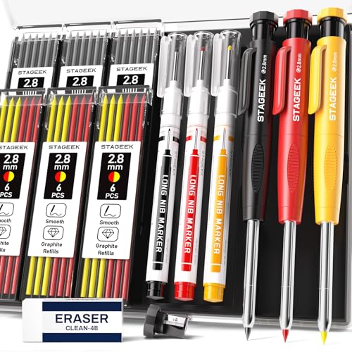 STAGEEK 2.8mm Carpenter Pencils with Sharpener, 3-Pack, Storage Case | 39 Refills, Deep Hole Long Nib Marker, Waterproof Heavy Duty Woodworking Tools for Architect Construction Electricians - color: Red+Black+Yellow