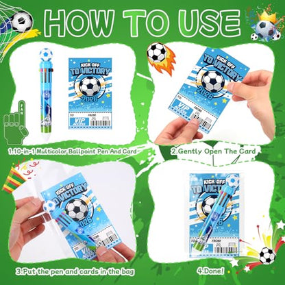 24 Set Soccer Party Favors Bulk Soccer Pens for Kids 10-in-1 Multicolor Pens with Cards Bags for Birthday Classroom Prizes Goodie Bags Stuffers Supplies - style: Soccer
