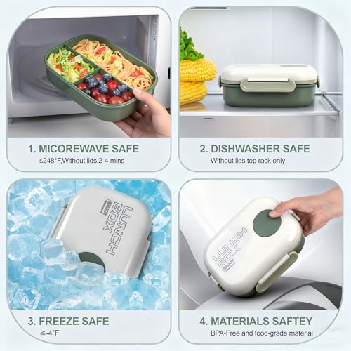 3-Compartment Leak-Proof Bento Box for Kids & Adults, Green | Insulated bag, utensils & sauce container included; BPA-free; Microwave & dishwasher safe; Ideal for school, office & travel. - color: Green