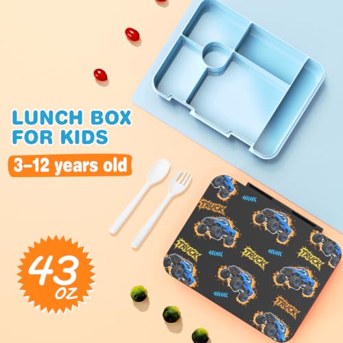 ACESAK Boys Backpack - Off-road Vehicle Bento Box with Insulated Lunch Bag Pencil Case & Utensils Set for Kids, 6 Leakproof Compartments Removable Tray Lunches or Snack Container - color: Blue Vehicle