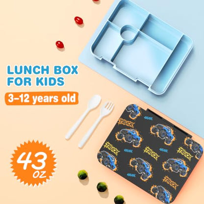 ACESAK Boys Backpack - Off-road Vehicle Bento Box with Insulated Lunch Bag Pencil Case & Utensils Set for Kids, 6 Leakproof Compartments Removable Tray Lunches or Snack Container - color: Blue Vehicle