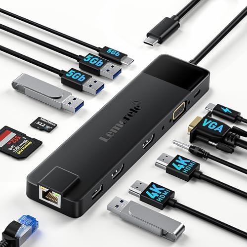 Lemorele 트리플 모니터용 13 in 1 USB C 도킹 스테이션, 듀얼 4K HDMI, 1000M RJ45, VGA, 4 USB 3.0/2.0, SD/TF, 3.5MM 오디오, USB C 3.0, 100W PD, 타입 C 노트북과 호환 - size: Update-13 in 1 RJ45