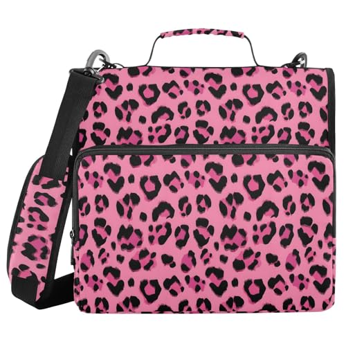 Hot Pink Black Leopard Print 3 Ring Binder Bag 1.5 inch Binder Organizer with Zipper Shoulder Strap 500 Sheet Documents Storage for School Office - color: A7096, size: 13.6 x 12.4 x 3.5 in