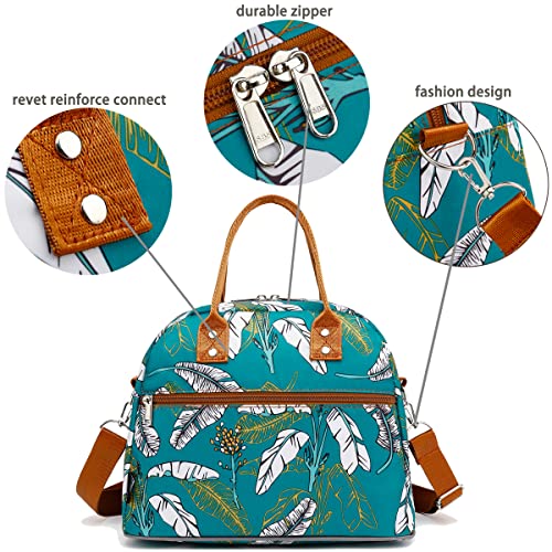 FlowFly Insulated Lunch Bag With Shoulder Strap for Women, Men, and Kids, Large and Reusable, Handle, Freezable Work and School Travel Tote and Meal Prep Organizer, leaves - color: Feather