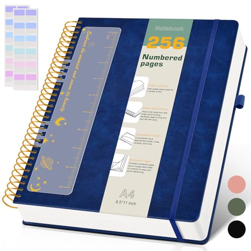A4 Spiral Notebook Journal 8.5” x 11”, 256 Numbered Pages Hardcover Leather Journals for Women Men, Large Lined College Ruled Notebooks, 100GSM Thick Paper, Spiral Bound Journal for Work School, Navy - color: Navy, size: A4