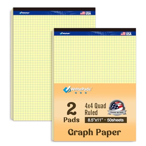 Graph Paper Pads 8.5 x 11, 4x4 Quad Ruled Graph Paper, 2 Pack, 50 Sheets Per Pad, Yellow Graphing Paper Notebook with Sturdy Back & Micro-Perforated Pages, Made in USA, for School, Math, Drafting & Office - color: Canary