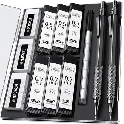 Four Candies 2PCS 0.5mm & 0.7 mm Metal Mechanical Pencils Set, 360PCS Lead Refills, 12 Erasers, Cool Lead Pencil with Case for School Writing, Sketching, Technical Work, Art Projects, Black - color: Black