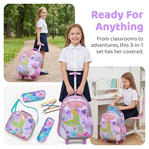 Kids Rolling Backpack for Girls Mermaid Trolley Suitcases Luggage with Wheels Bookbag Wheeled 3pcs on Lunch Box Pencil Case Elementary Teenagers Pink for Girls Age 5-12 - color: Pink-0130-meirenyu