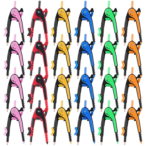 Chengu 24 Pcs Student Math Geometry Compass Tool Classroom Set Bulk 6 Inch Colored Plastic Drawing Compass with Pencils Back to School Supplies for School Office Home (Dark Color) - color: Dark Color