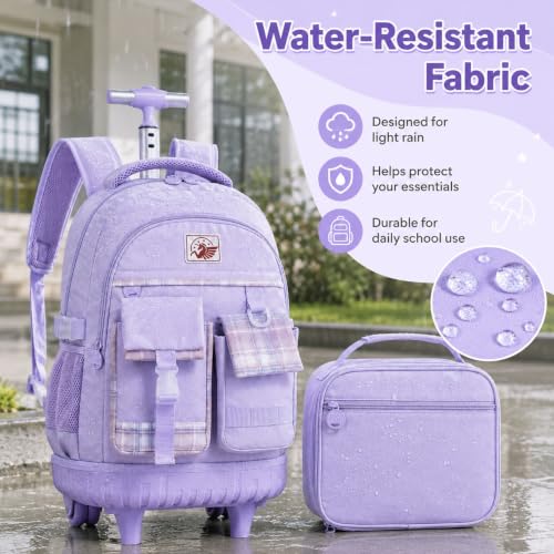 AGSDON Rolling Backpack for Girls, 21" Women Roller Wheels Bookbag, Laptop Wheeled Suitcase School Backpacks with Lunch Bag for Teens - color: Square Purple