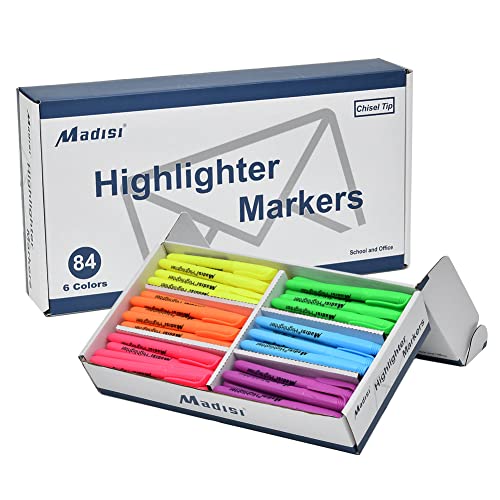 Madisi Highlighters, Chisel Tip, Assorted Colors, Bulk Pack, 84-Count | Liquid Highlighter Pens Set, Colored Highlighters, School Supplies