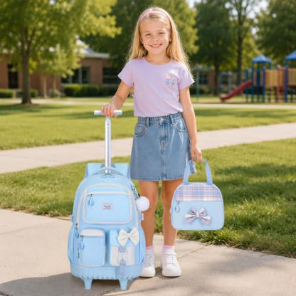Bevalsa Rolling Backpack for Girls, Roller Backpack with Wheels, Cute Bow Plaid Wheeled School Bookbag Set with Lunch Bag & Pen Case, Suitcases for Kids Teens Elementary Middle Student (Blue) - color: Blue Plaid
