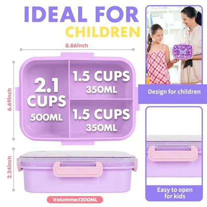Kids Bento Lunch Box Set with 1200ml Leak-Proof Lunch Containers with 3 Compartments, 22oz BPA-Free Water Bottle, Insulated Lunch Bag for Back to School Kids Girls Boys - color: Butterfly