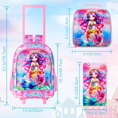 WZLVO 4PCS Rolling Backpack for Girls, Kids Mermaid Roller Backpacks with Wheels for Kids, Wheeled Bookbag Set for Toddler Elementary School - color: Mermaid Pink