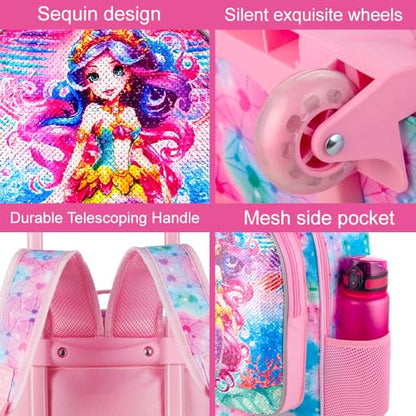 WZLVO 4PCS Rolling Backpack for Girls, Kids Mermaid Roller Backpacks with Wheels for Kids, Wheeled Bookbag Set for Toddler Elementary School - color: Mermaid Pink