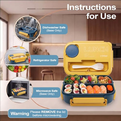 Bento Box Adult Lunch Box, Lunch Containers for Adults 44 Oz,Yellow / Blue | BPA-Free, Lid-Top Sauce Tray, Leak-Proof, 1300mL, Removable Silicone Sealing Ring, Lid-Top Utensil Slot with Included Cutlery - color: Yellow / Blue