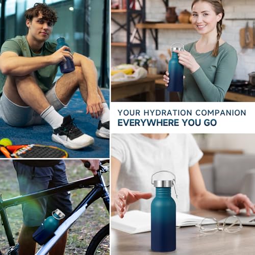 Volhoply 20oz Uninsulated Single Walled Water Bottle, Stainless Steel Reusable Water Bottles with Handle & Carabiner, BPA Free 18/8 304 Sports Water Bottles for Camping Hiking（Dark Night,1） - color: Dark Night