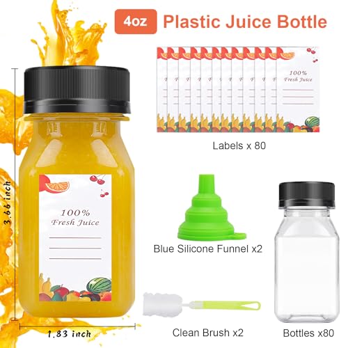 OBKJJ 80pcs 4oz Pcs Juice Bottles, Juice Bottle with Caps Reusable Empty Clear Bottles with Label, Funnel, Brush Bulk Beverage Containers for Juicing, Drinking, Smoothie and Other Beverages (4oz) - size: 4oz