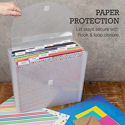 Samsill 12x12 Paper Storage Organizer, Expandable Scrapbook Paper Organizer with 12 Pockets and Tabs for Vinyl, Cardstock, Photos, Clear File with Retractable Handle, Secure Flap Closure - style: Secure Flap Closure