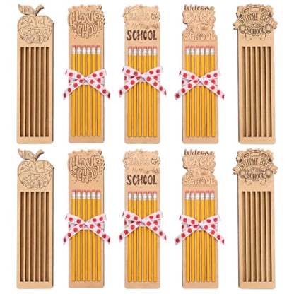 Marspark 71 Pcs/10 Sets Back to School Teacher Appreciation Gifts Bulk 10 Wooden Pencil Gift Boxes with 60 Pencils and Apple Ribbon First Day of School Teachers Thank You Gifts for Party Supplies
