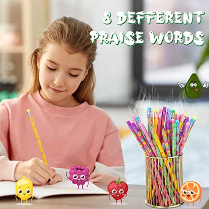 Leinuosen 200 Pcs Scented Pencils for Kids Cute Motivational Colorful Fun Wood HB Pencils Bulk with Erasers Fruit Elements for School Office Classroom Student