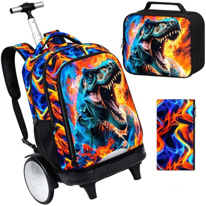 3Pcs Large Rolling Backpack for Boys, 20 Inch Detachable Wheeled Bookbag with Lunch Box, Durable Fire Dinosaur Roller Backpack for Elementary Middle School (Red) - color: Large Wheels Dinosaur Red