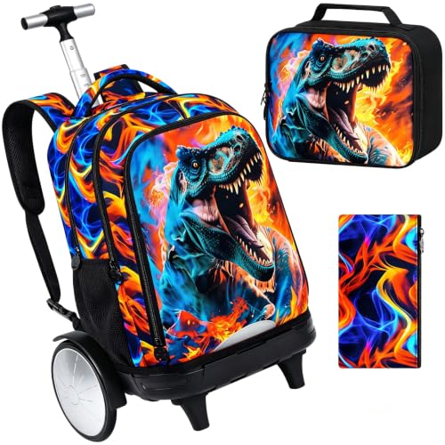 3Pcs Large Rolling Backpack for Boys, 20 Inch Detachable Wheeled Bookbag with Lunch Box, Durable Fire Dinosaur Roller Backpack for Elementary Middle School (Red) - color: Large Wheels Dinosaur Red