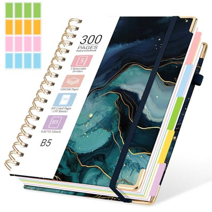 Hardcover Spiral Journal Notebook, 300 Pages 5 Subject Notebook College Ruled with Removable Dividers Tabs, 8" x 10" Notebooks for Work, Spiral Ruled Lined Writing Journal Hardcover Leather Notebook for School (Dark blue marble, 8''x 10'') - color: Dark b