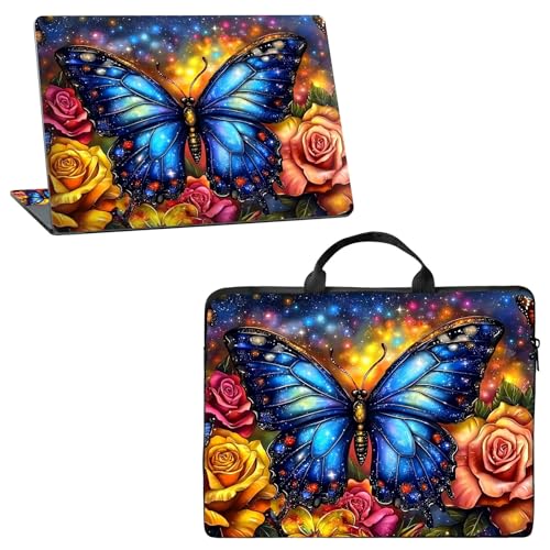15.6 inch Laptop Sleeve Case with Laptop Skin Sticker Bundle – Waterproof Large Laptop Bag with Premium Zipper, Notebook Sleeve for Work Travel & Business, Rose Blue Butterfly - color: Rose Blue Butterfly, size: 15 inch