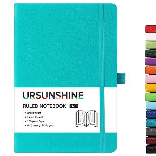 Ruled Notebook/Journal - Classic Lined Journal/Notebook, Hardcover with Thick Paper, 5.3" x 8.26", Banded + Pen Holder +Inner Pocket - Cyan - color: Cyan, size: Ruled