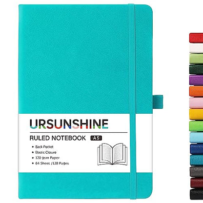 Ruled Notebook/Journal - Classic Lined Journal/Notebook, Hardcover with Thick Paper, 5.3" x 8.26", Banded + Pen Holder +Inner Pocket - Cyan - color: Cyan, size: Ruled