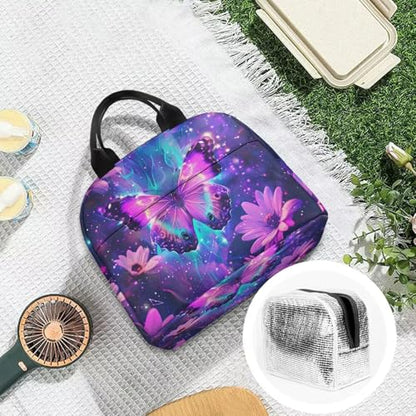 Purple Butterfly Lunch Bag Kids Thermal Picnic Cool Bags Leakproof Portable Lunch Box Large Thermal Cooler Bag for School Camping Picnic - color: Purple Butterfly Floral