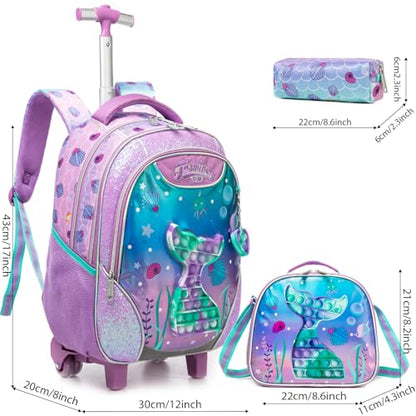 Kids Rolling Backpack for Girls Mermaid Trolley Suitcases Luggage with Wheels Bookbag Wheeled 3pcs on Lunch Box Pencil Case Preschool Students Elementary Teenagers Pink for Girls Age 5-12 - color: Pink-0130-wanjuywb