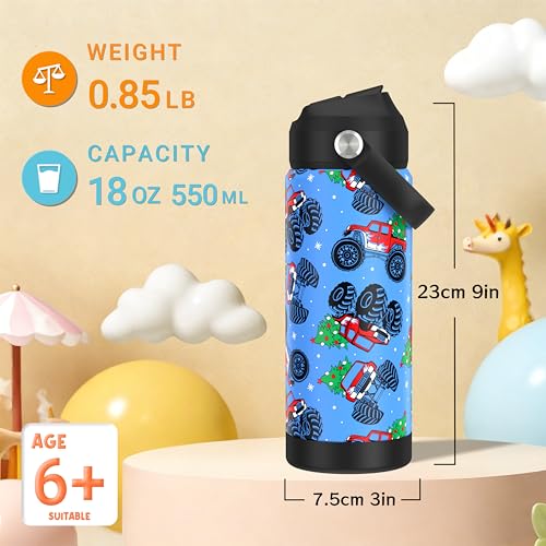 Boys Monster Truck Christmas Water Bottle for School，Kids 18 oz Insulated Stainless Steel Cup with Straw, Double-Wall Vacuum Leakproof - color: C12.Monster Truck-Christmas
