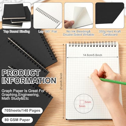 Engrowtic 6 Pack Graph Paper Spiral Notepad A5 Top Wirebound Notepad Grid Notebook Steno Pad Memo Notebook Grid Paper 140 Pages for Writing Sketching Drawing Office Supply (Black) - color: Black