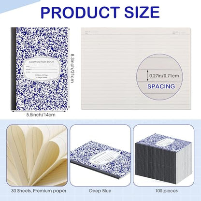 Fainne 100 Pack College Ruled Composition Notebooks A5,Blue - color: Blue