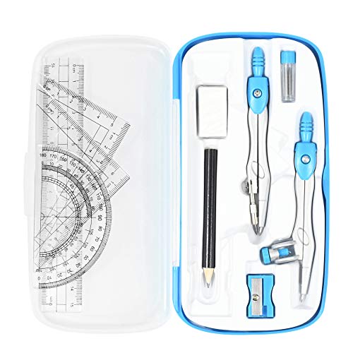 Vobou Math Geometry Sets 10 Pcs, Student Supplies Kit, for School (Blue | Shatterproof Storage Box,Includes Rulers,Protractor,Compass,Eraser,Pencil Sharpener,Lead Refills,Pencil, for Drafting - color: Blue