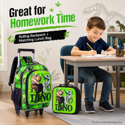 CCJPX 3PCS Dinosaur Kids Rolling Backpack Boys, School Bookbag with Wheels, Travel Roller Wheeled Backpacks for Toddler Elementary-Green - color: Dinosaur Green